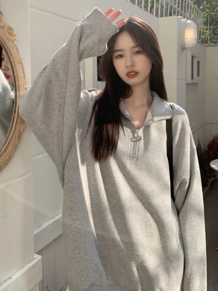 Deeptown Korean Fashion Gray Oversized Sweatshirts Women Harajuku Zip Up Hoodie Vintage Loose Casual Polo Collar Pullover Tops 240824