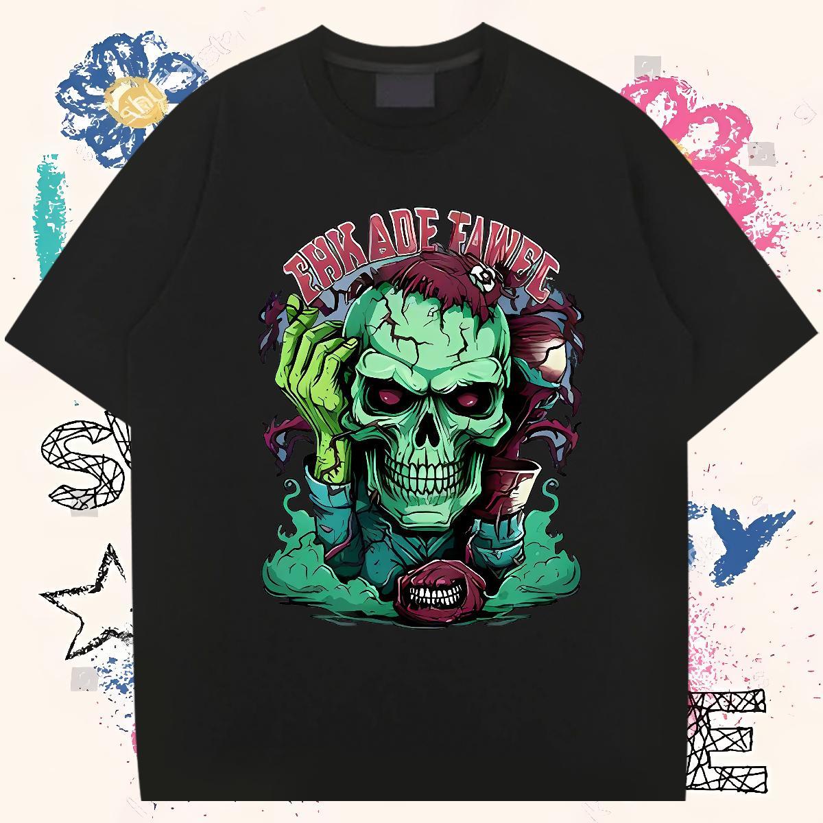Popular T shirt 100% Cotton 230g skull Street Casual Black Oversized Short Sleeve O-Neck Mens Tshirts Fashion Design Tops Shirt