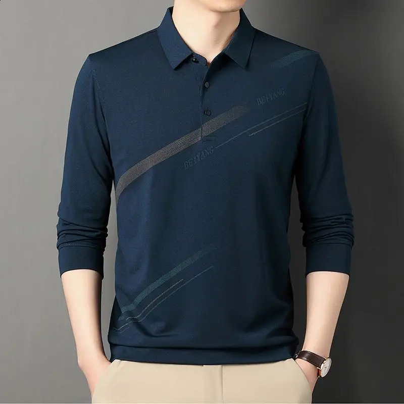 Smart Casual Men Long Sleeve Stripe Polo Shirts Streetwear Male Clothes Spring Autumn Thin Lapel Business Fashion Loose Tops 240824