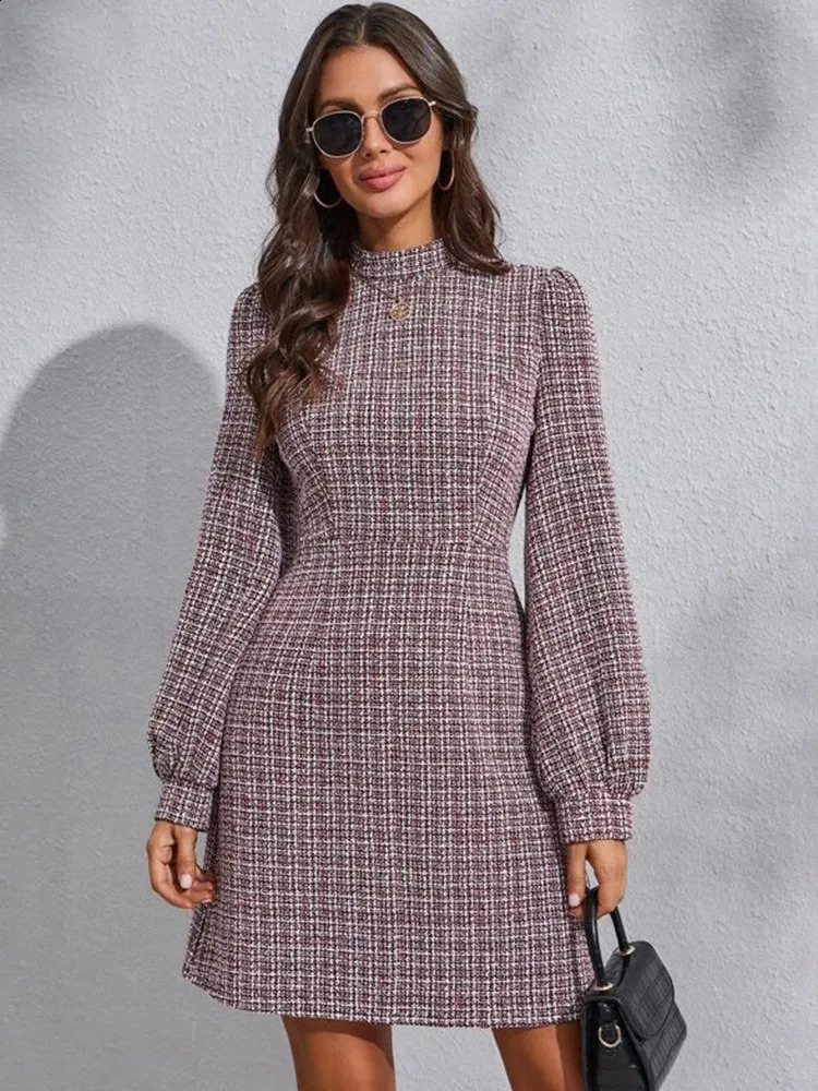 Fashion Casual Womens Dress For Women Lantern Sleeve Tweed Fine Plaid Multi Color Semi-high Round Neck Long Sleeve Dress 240824