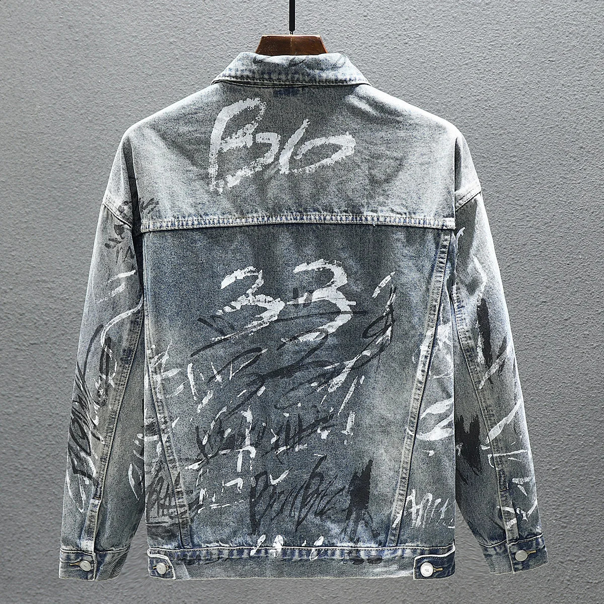 ly printed Distressed retro denim jacket for mens fashion graffiti hiphop lapel button up jeans 240824