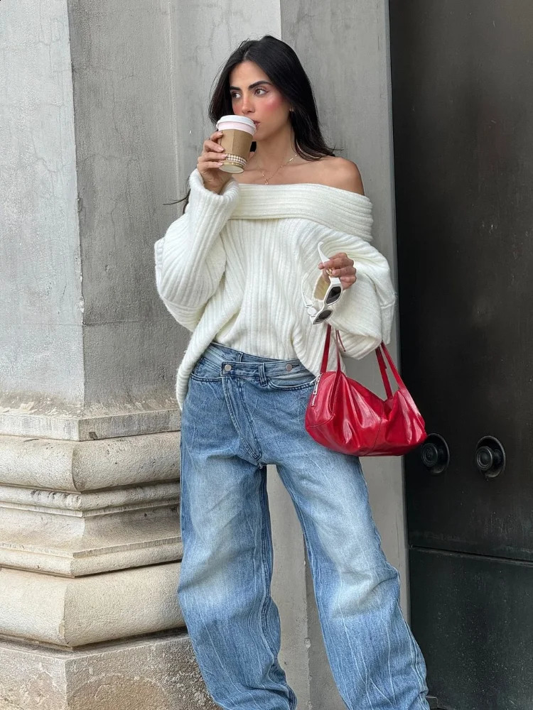 Women Fashion Off Shoulder Solid Pullover Extended Elongated Sleeves Ultra Soft lady Knitted Sweater Chic Autumn Streetwear 240824