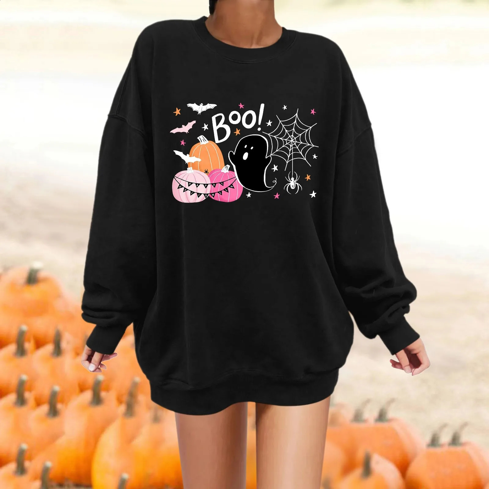 Cute Ghost Multi-Element Printed Womens Halloween Hoodie Solid Color Simple Fashion Trend Casual Hoodie Loose Warm Jumper 240824
