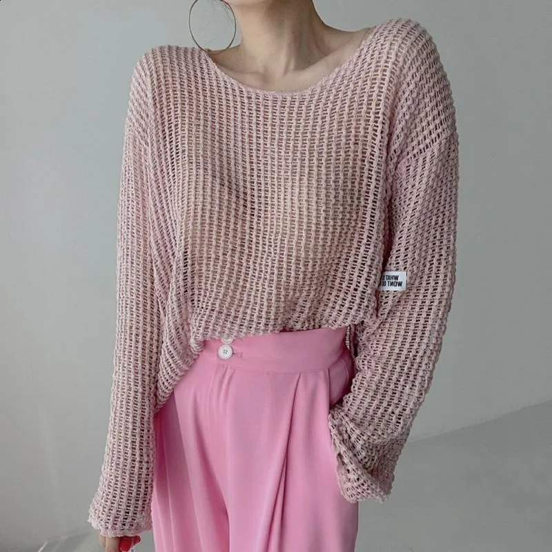 Deeptown Vintage Y2K Knitwear White Womens Sweater Hollow Out Knit Oversize Spring Korean Fashion Pullovers Streetwear Casual 240824
