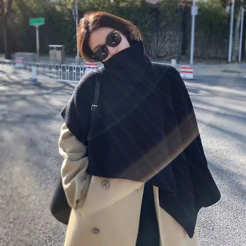 High Collar Irregular Pullover Sweater Cape Womens Tops Sleeveless Autumn And Winter Outer Tower Turtleneck Knitted Scarf Neck 240824