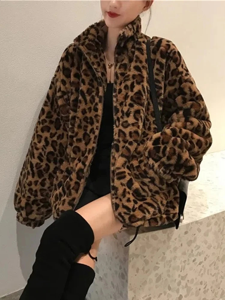 Leopard Fur jacket womens oversized plush coat winter warm fluffy retro party faux mink 240824