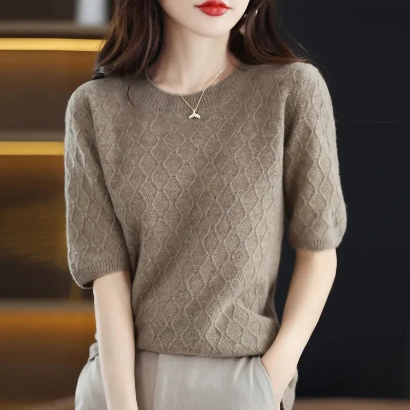 Women Sweater Short Sleeve O-neck Stripe Knitwears Slim Fit Shirt Jumpers Fashion Pullovers Thin Knit Bottoming Tops 240824