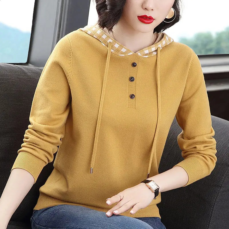 Autumn Hooded Versatile Pullover Top Drawstring Patchwork Button Long Sleeve Solid Women Casual Straight Knitted Sweater 240824