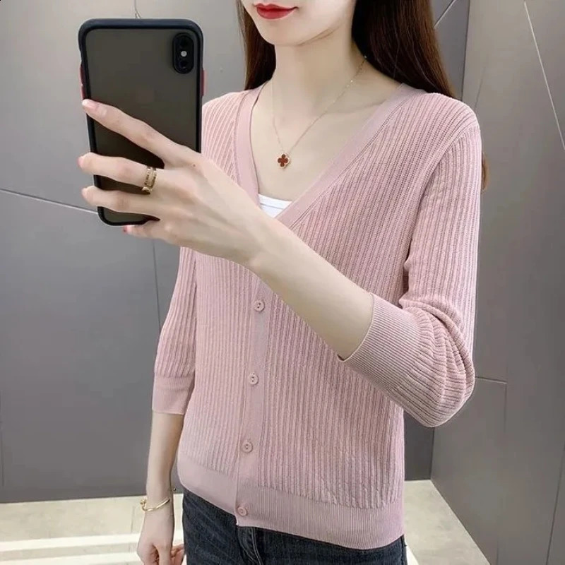 Plus Size Womens Knitted Cardigan Summer Thin Ice Silk Solid Short Loose V-Neck Sun Protection Hollow Top Ropa De Mujer Ofertas 240824