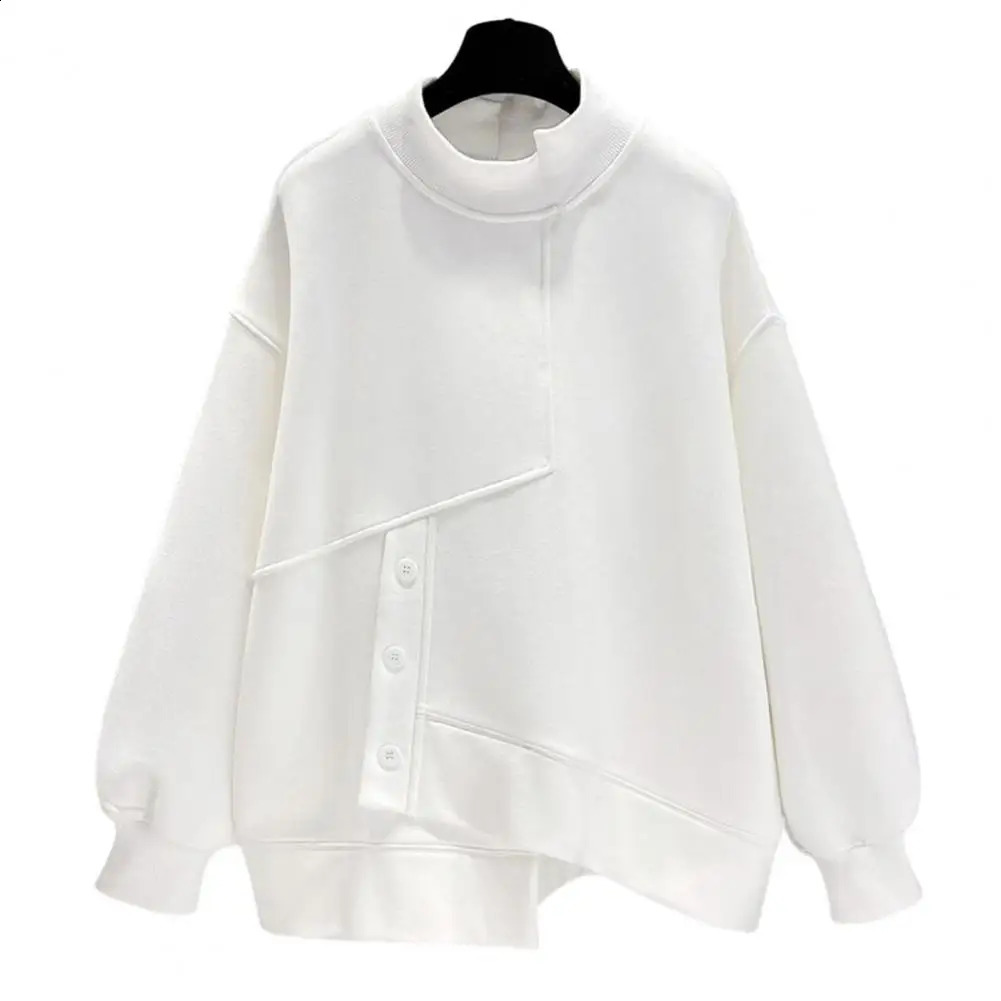 Women Autumn Winter Solid Sweatshirt Half High Collar Long Sleeve Irregular Hem Pullover Tops Buttons Decor Tops Streetwear 240824