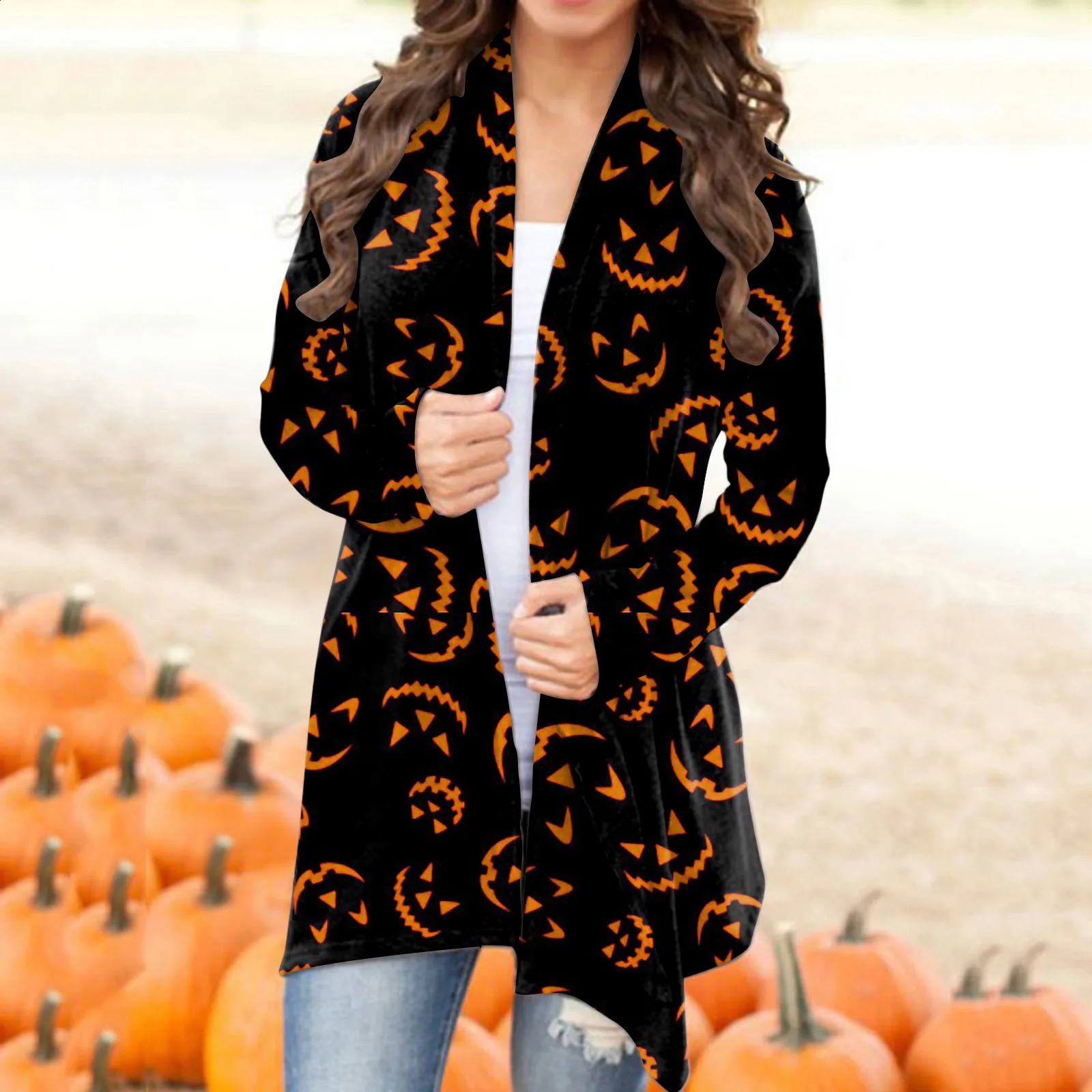 Autumn Winter Cardigan Women Halloween Skull Print Casual Open Stitch Lady Elegant Sweater Coat Blouse Clothes Streetwear 240824