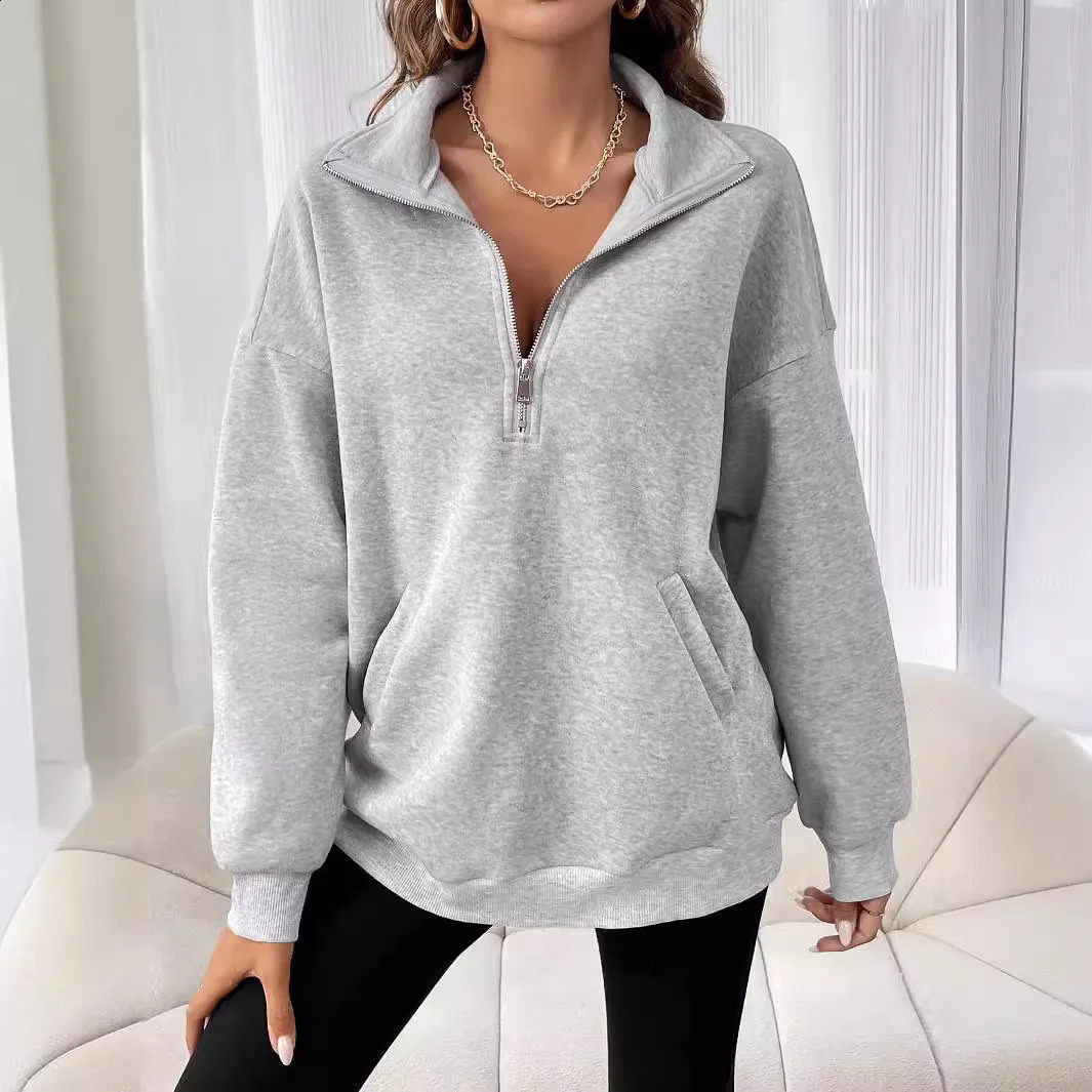 grey Autumn Winter Womens Hoodies Solid Color Loose Short Half Zip Pockets Thumb Hole Long Sleeve Pullover Sweatshirts hoody 240824
