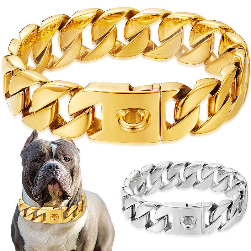 32mm Wide Chain Collars Heavy Strong Stainless Steel Choker Pitbull Gold Dog Necklace For Large Dogs 18K gold-plated Cuban link chain dog collar pet c
