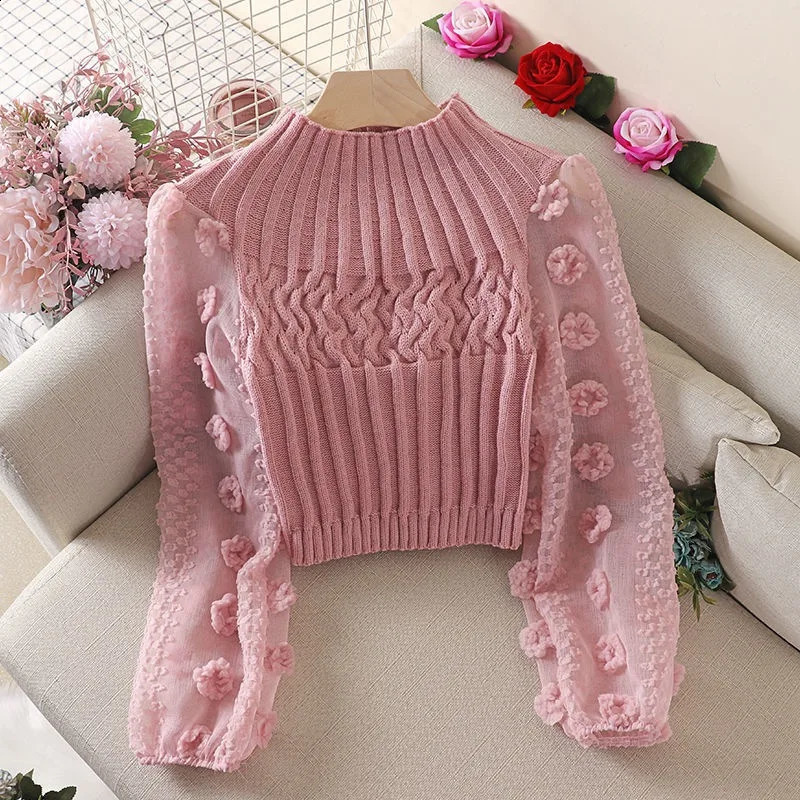 Womens Tight Sweater T-shirt Puff Sleeve Mesh Stitching Crew Neck Slim Tops Knitted Warm Pullover 240824
