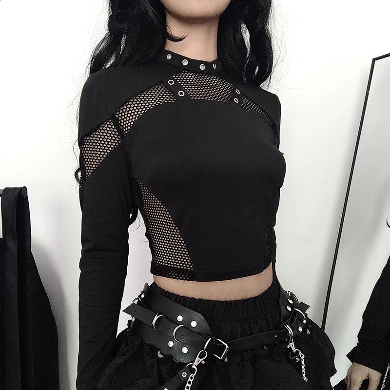 CIBBAR Gothic Black Crop Top Chic See Through Mesh Patchwork Full Sleeve Skinny Basic T-shirt Women Punk Style Stitched T Shirts 240824