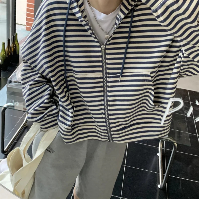Striped Casual Loose Long Sleeve Zipper Womens Hooded Sweatshirts Korean Fashion Female Hoodies Autumn Sweater Streetwear Y2k 240824