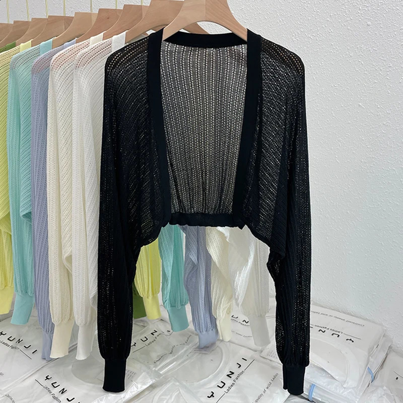Long Sleeve Hollow Out Knitted Open Stitch Women Summer Thin Short Loose Shirt Sun Protection Cover up Solid Casual All-match 240824