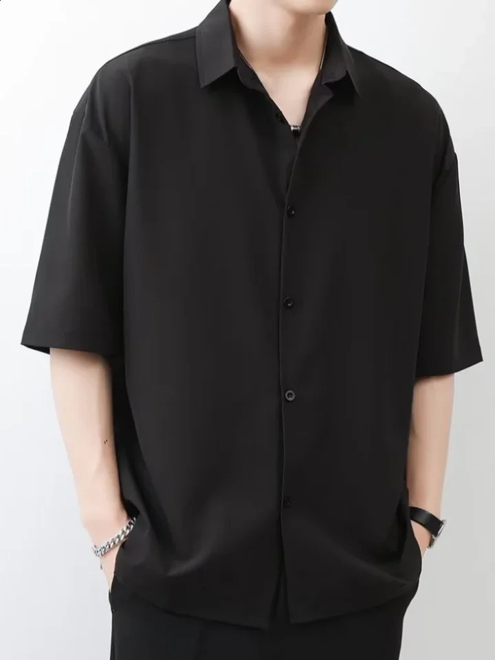 Summer Thin Ice Silk Short Sleeve Shirt Men Trendy Simple Pure Color Loose Casual Top Black White Gray Teens Adults 240824