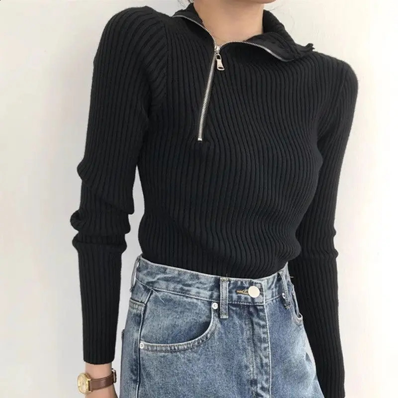 Autumn Winter Solid Color Pullovers Interior Lapping Long Sleeve Casual Undercoat Zipper Turtleneck Sweaters Womens Clothing 240824