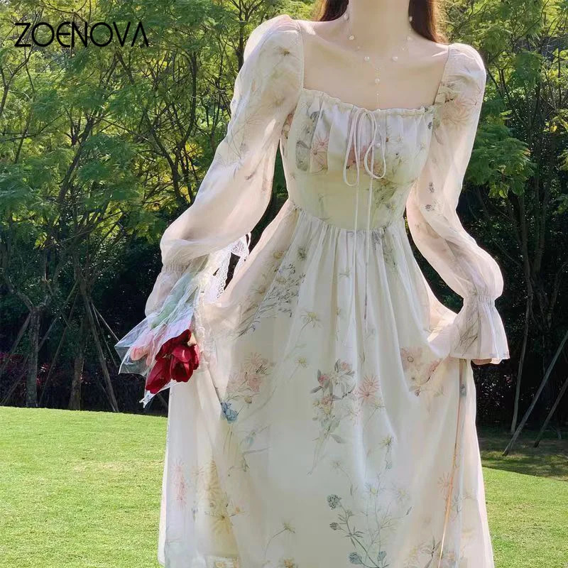 ZOENOVA Elegant French Style Tweed Dress Lace Details Spring Wardrobe Womens Long Dress Chiffon Material 240824