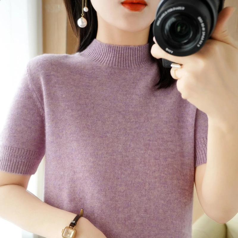 Spring Autumn Women Sweater Casual Warm Bottoming Shirts Mock Neck Basic Knitwear Short Sleeve Pullovers Korean Fashion Jumper 240824
