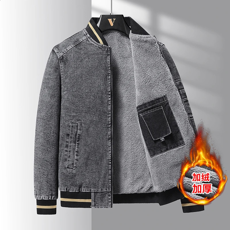 Mens Jean Coats wool baseball jacket black mens denim wide sleeves trimmed warm winter coat 240824