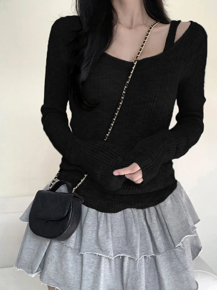 HOUZHOU Y2k Vintage Solid Knitted Pullovers Women Korean Style Elegant Office Siren Long Sleeve Base Slim Sweater Antumn 240824