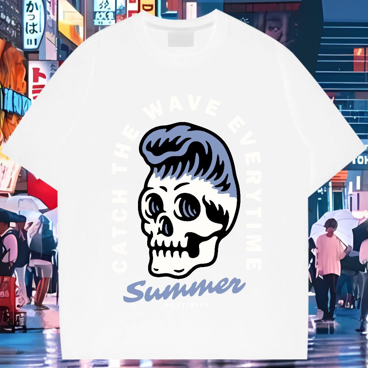 Brand T shirt 230g Pure Cotton skull Summer Casual Anime O Neck Short Sleeves Men Tees Classic Casual Polos