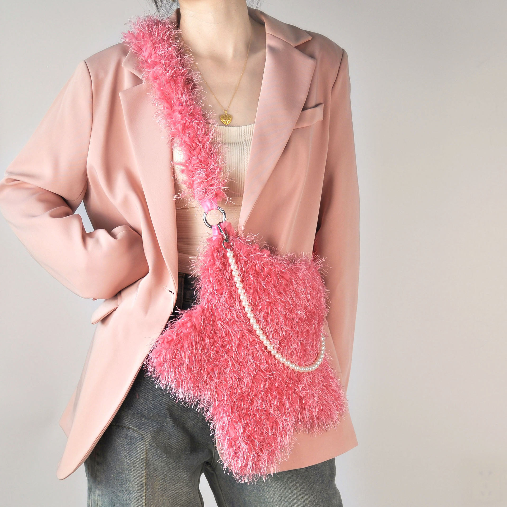 Plush bag women's tassel kapok flower cute pentagonal star pearl chain shoulder bag