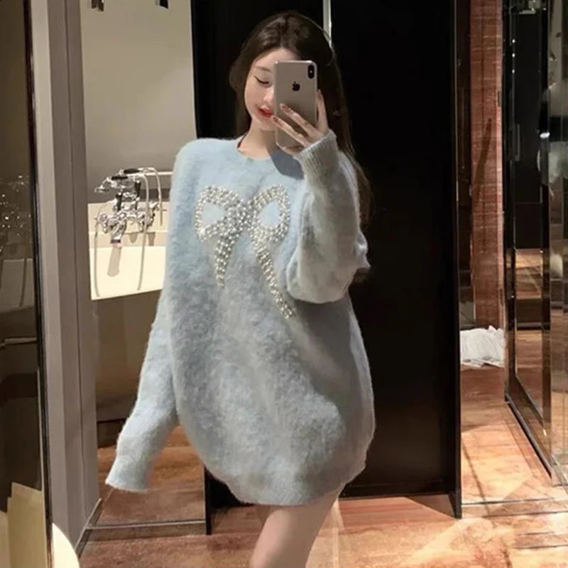 Streetwear Bow Beading Sweater Women Sweet Oversized Knitted Pullovers Vintage Loose Knitwear Winter Korean Casual Jumper Tops 240824