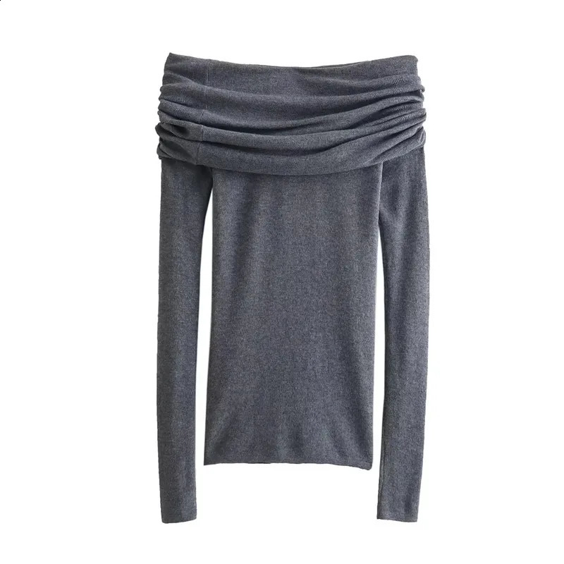 TRAF Ruched Off Shoulder Sweater Women Grey Knitted Sweater Woman Knit Top Pullover Fashion Autumn Winter Cropped Sweaters 240824