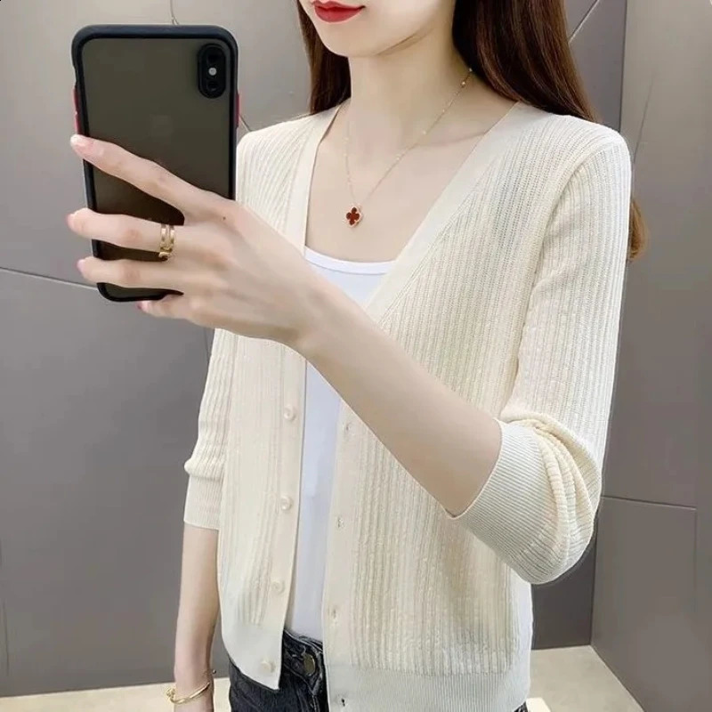Plus Size Womens Knitted Cardigan Summer Thin Ice Silk Solid Short Loose V-Neck Sun Protection Hollow Top Ropa De Mujer Ofertas 240824