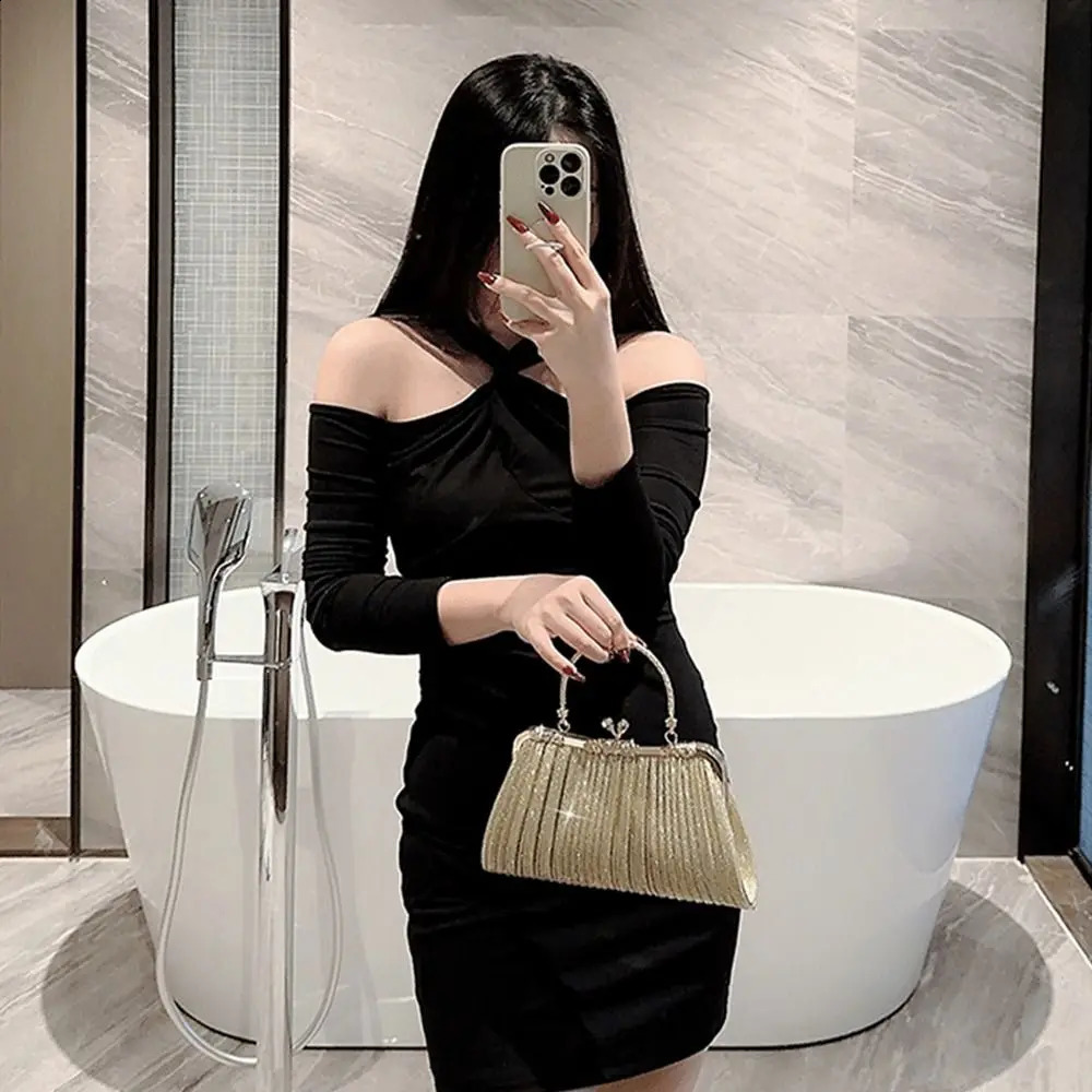 Gold Sequin Evening Bag Women Elegant Fashion Banquet Clutch Chain Shoulder Bags Purse Female Wedding Party Handbags 240824Z