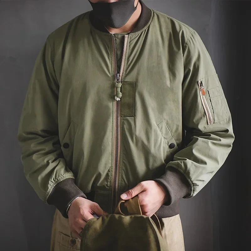 Maden Cargo Retro MA1 Bomber Flight Jackets Green Black Standing Collar Pilot Baseball Coat Zipper Pocket Tops Clothes 240824