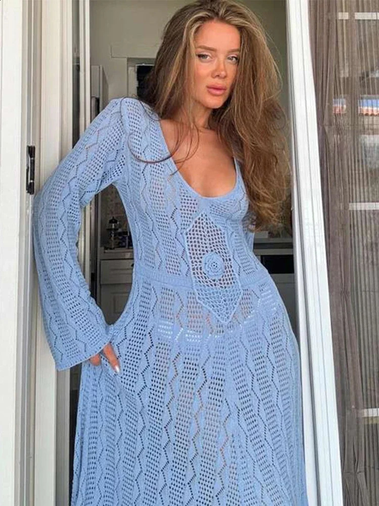 Loose Knitted Beach Long Dress Womens Blue Vneck Full Sleeve See Through Female Dresses Summer Holiday Flower Robe 240824