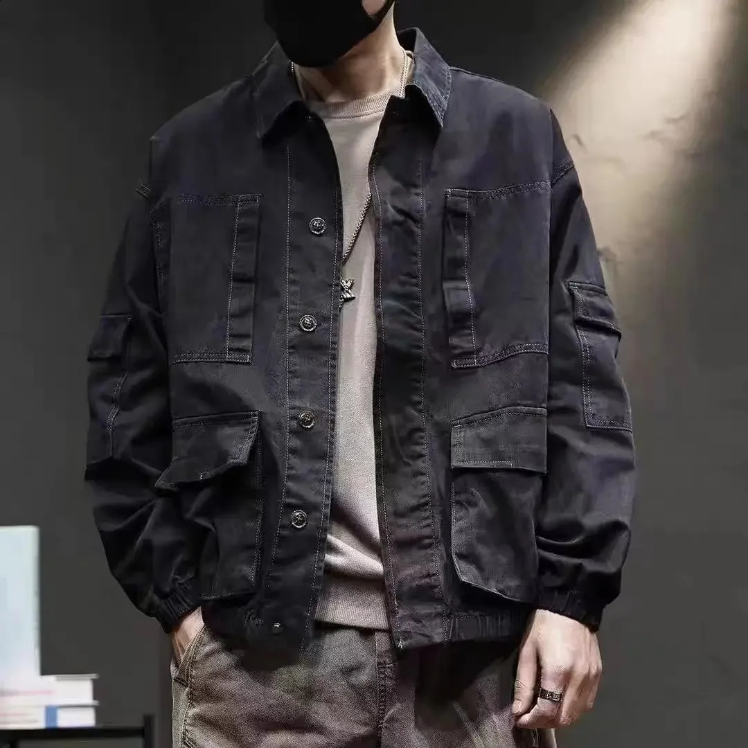 Mens jeans jacket khaki cargo denim mens autumn retro trend Korean onepiece clown fabric G 240824