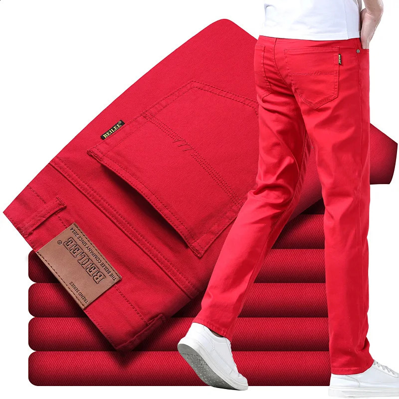 Men Classic Version Slim Stretch Trousers Clothing Red Straight Jeans Fashion High Quality Casual Denim Pants Male 36 40 240824