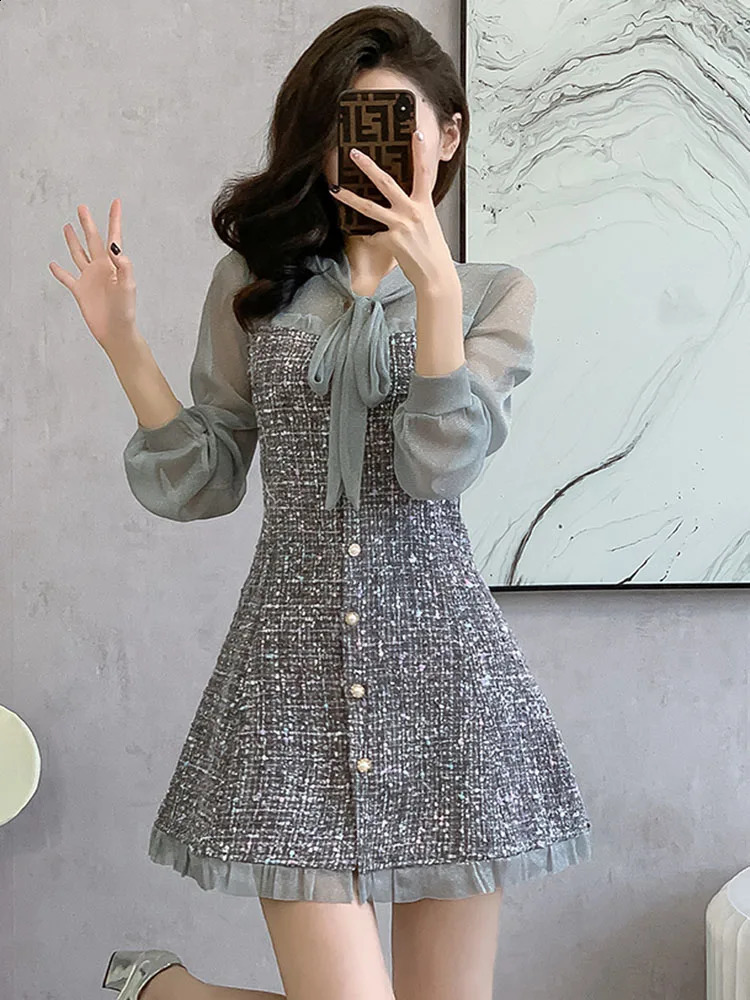 Korean Small Fragrant Tweed Dress Sweet Tie Long Sleeve Patchwork Single Breasted Casual Dresses Vintage Clothes For Woman 240824