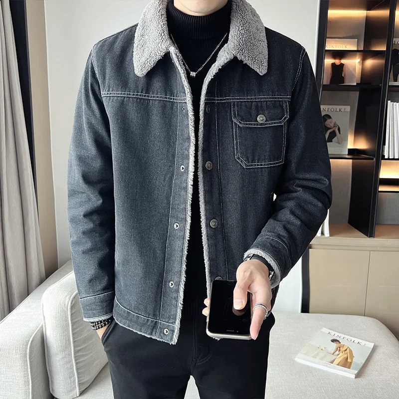Mens denim jacket for autumn and winter mens military thick wool warm bomber army outerwear 5XL 240824