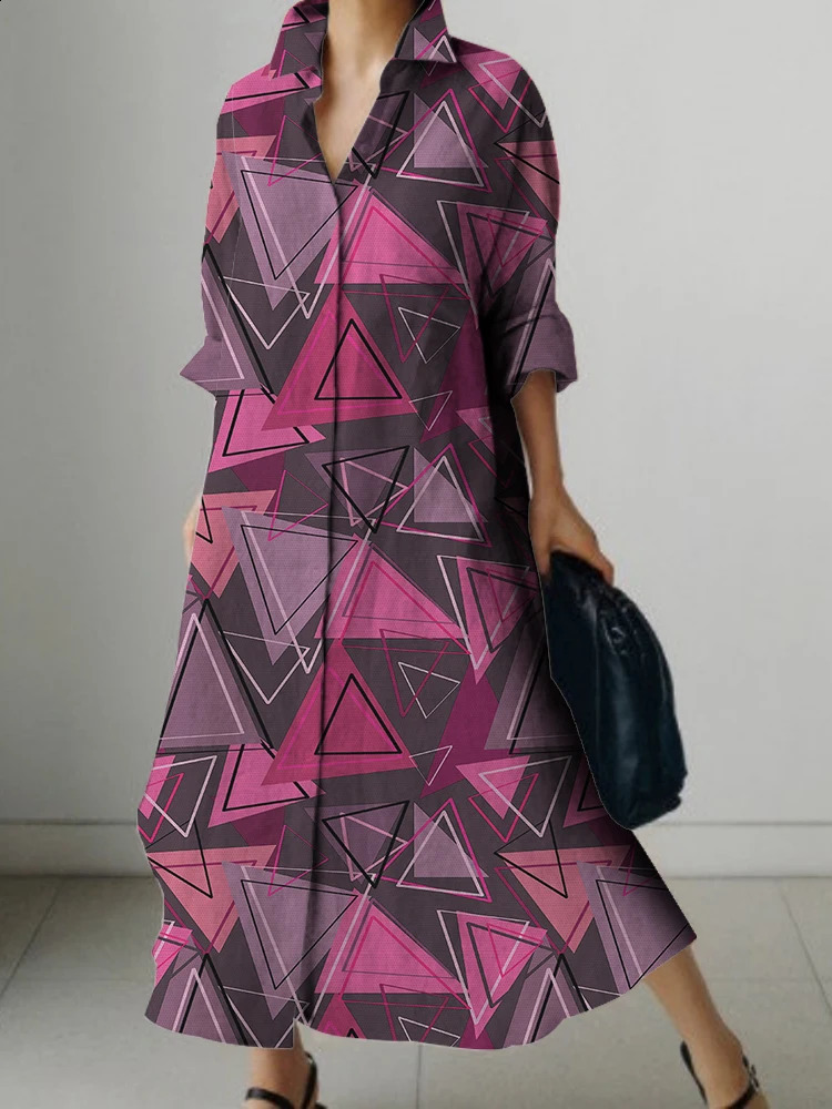 Long Sleeve Lapel Shirt Dress Long Skirt Geometric Print n Womens Loose Dress For Spring And Summer Breathable Comfort 240824