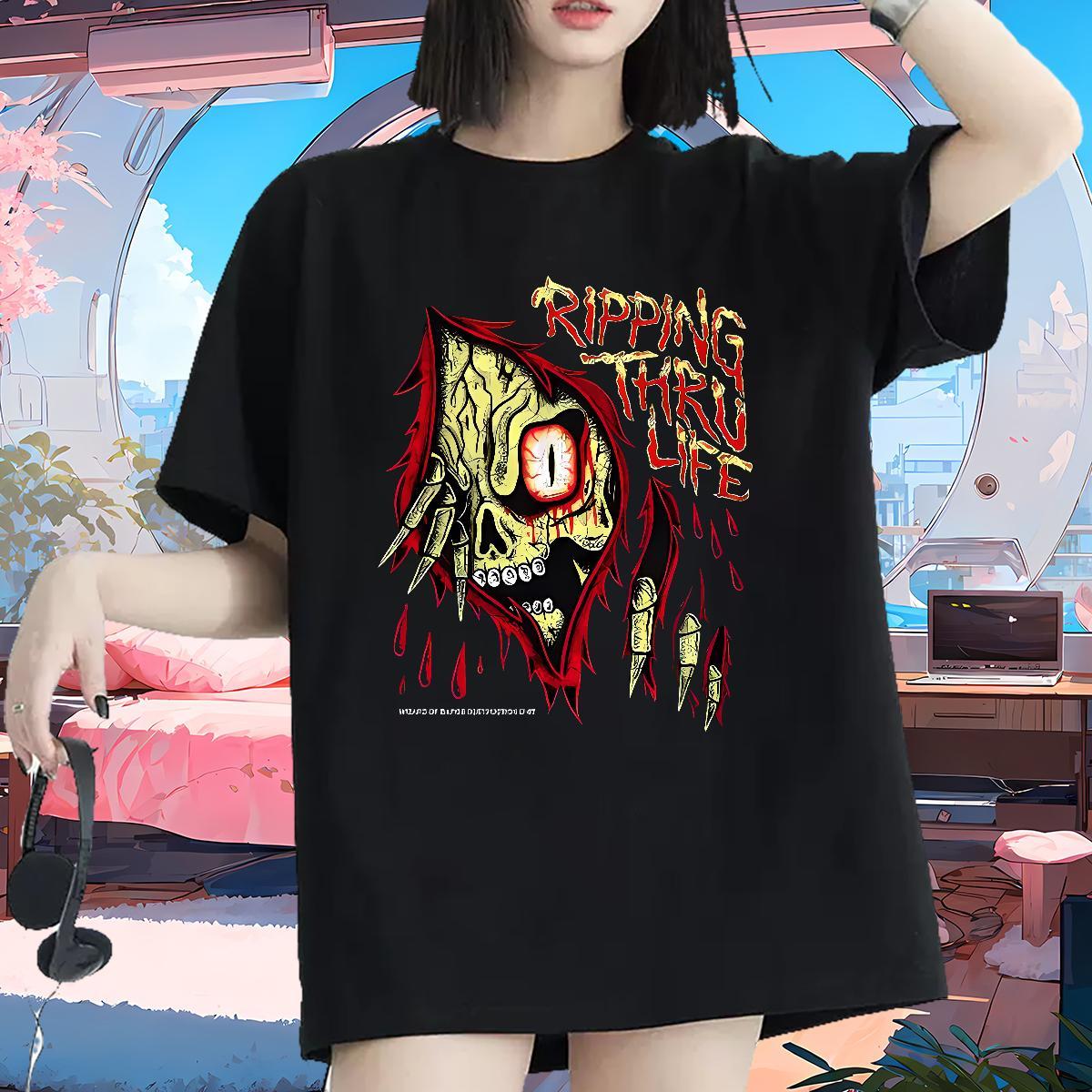 Female Women Tees 100% Cotton 230g SCARY Street Casual Women T Shirts Breathable Crew Neck Black White Tshirts