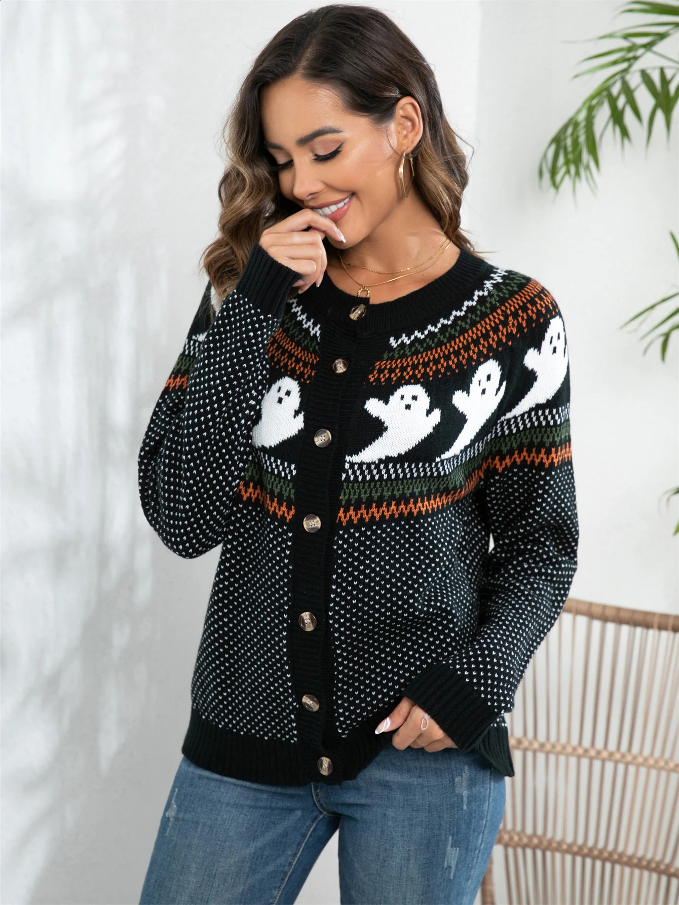 Halloween Ghost Pattern Womens Vintage Crew Neck Button Front Long Sleeve Cardigan Retro Fashion Staple Sweater 240824