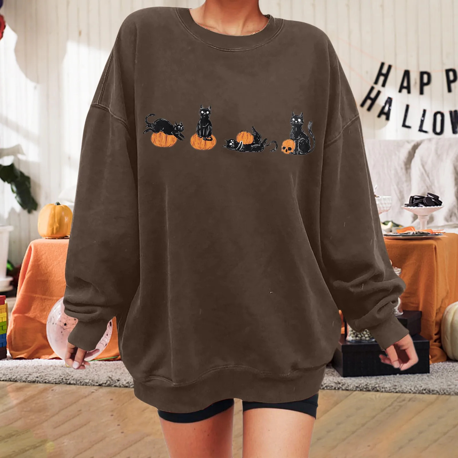 Autumn Oversized Casual Sweatshirt for Women Halloween Graphic Print Pullover Warm Long Sleeves O-Neck Top Female Fashion Hoodie 240824