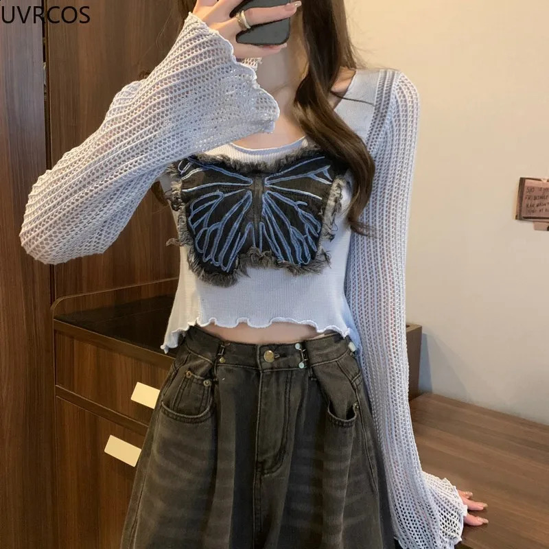 Autumn Vintage Elegant Knitted Pullovers Women Butterfly Hollow Out Long Sleeved Knitwear Crop Tops Korean Fashion Sweater Coat 240824