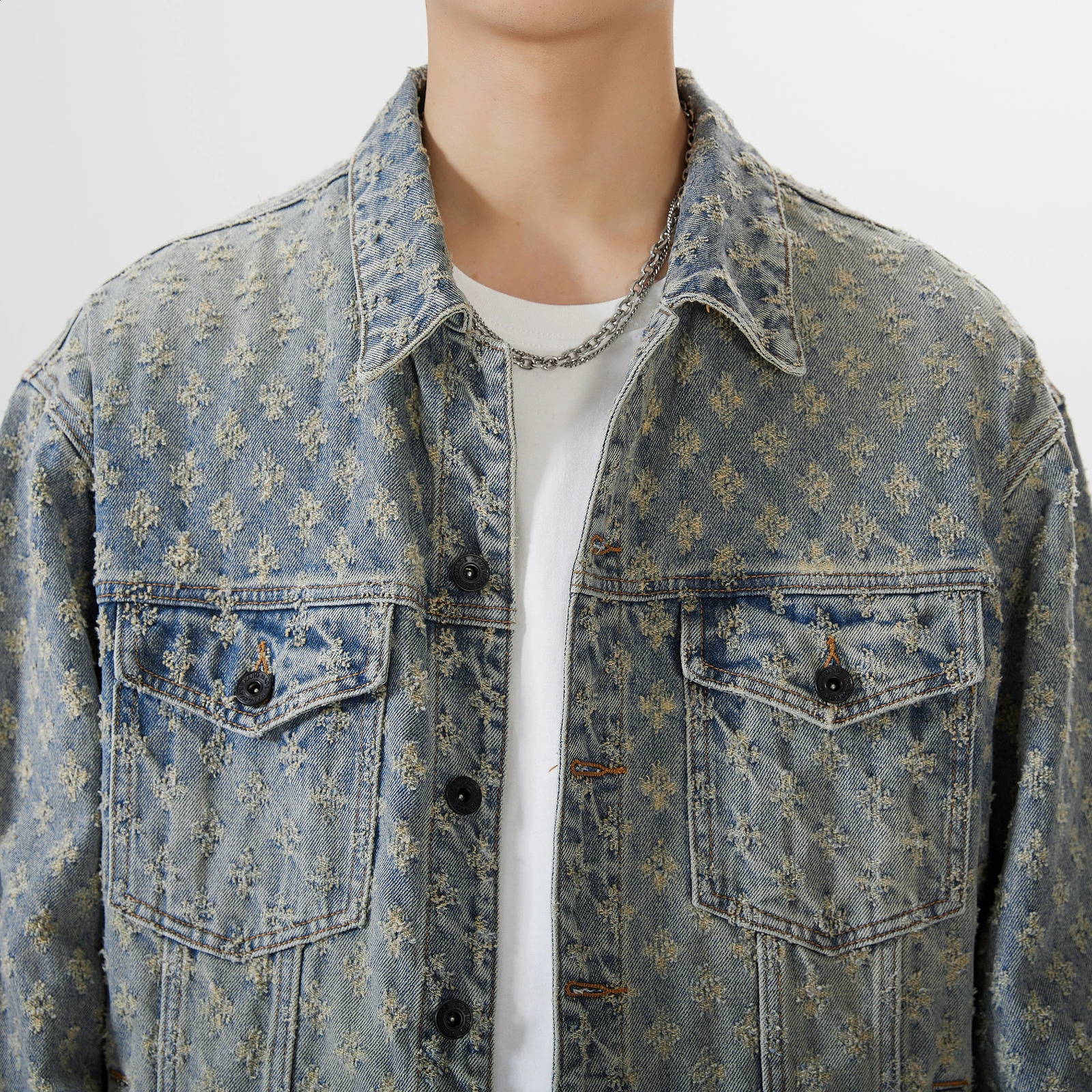 Mens Jeans Jacket Jacquard Pattern Coats Old Loose Heavy 240824
