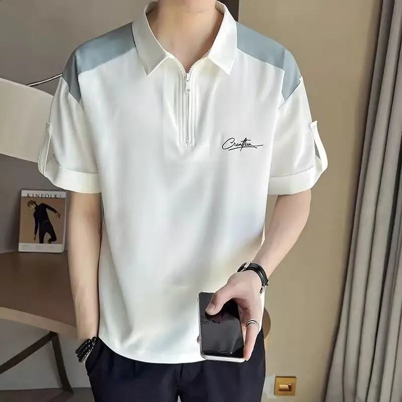 friend Summer Spliced Polo Shirts Zipper Fashion Solid Color Loose Comfortable All-match Casual Short Sleeved Tops 240824