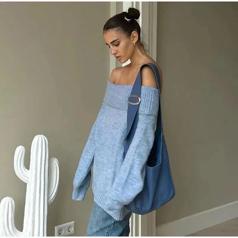 Autumn and Winter Soft Glutinous Bottom Off Shoulder Sweater for Womens Casual Loose and Lazy Style One line Neck Knitted T 240824