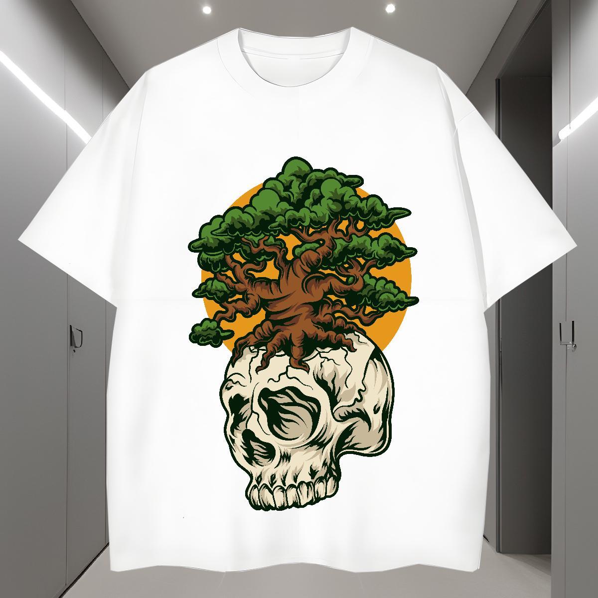 Loose T Shirts Men 230g 100% Cotton skull Hip Hop Black Oversized Breathable Crew Neck Men Tshirts 2024 DIY Clothes