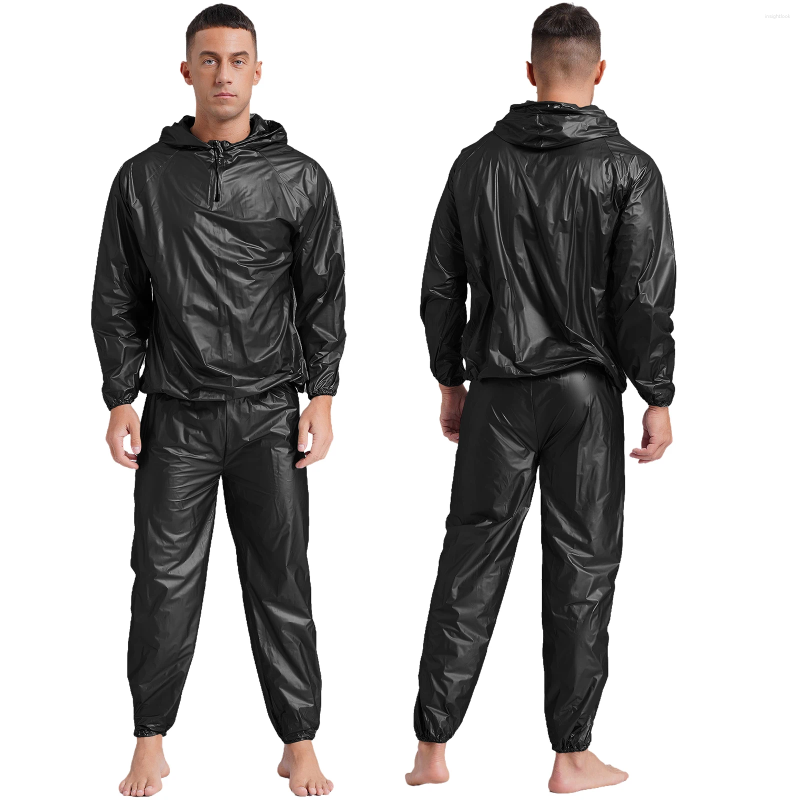 Men's Tracksuits Mens Sauna Sweat Outfit Heavy Duty Fitness Weight Loss Suit Exercise Gym Anti-Rip Hooded Jacket And Long Pants
