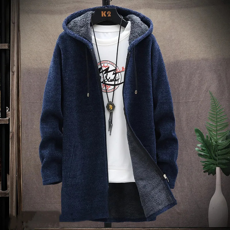 Long hooded wool cardigan mens winter thick warm velvet sweater knitted solid jacket zipper 240824